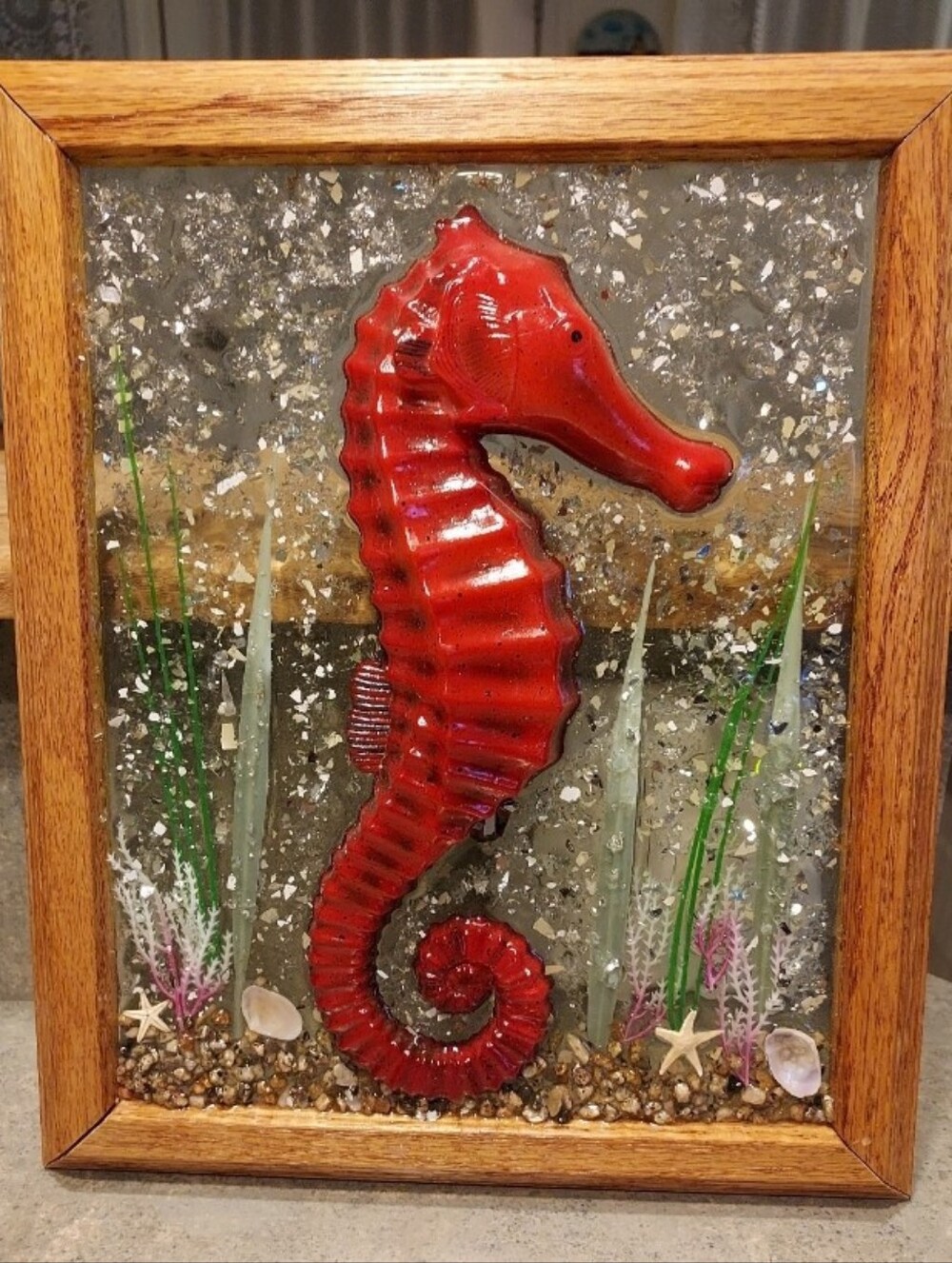 3D Red Seahorse Ocean Scene Picture With Seashells Glitter Shadowbox Wall Decor